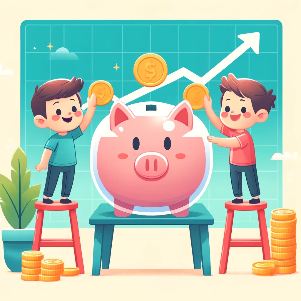 DALLE_2024-04-23_18.34.59_-_Create_an_illustration_in_a_flat_design_style_that_depicts_the_concept_of_children_saving_money._The_image_should_include_two_happy_children_putting_c.jpeg